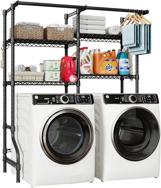 U14 Over Washer and Dryer Storage Shelves, 4 Tiers Laundry Room Storage and Organizer System, Space Saving Clothes Drying Rack with 2 Clothes Hanger Rods, 66.5" W x 20.5" D x 77.4" H, Black-Ruum Studio Home