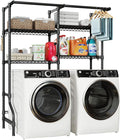 U14 Over Washer and Dryer Storage Shelves, 4 Tiers Laundry Room Storage and Organizer System, Space Saving Clothes Drying Rack with 2 Clothes Hanger Rods, 66.5" W x 20.5" D x 77.4" H, Black-Ruum Studio Home