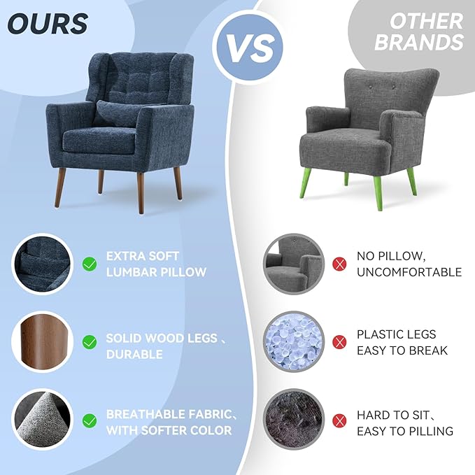 Modern Accent Chair, Upholstered Armchair with Pillow, Fabric Single Sofa Chair with Lounge Seat and Wood Legs Accent Chair for Living Room Bedroom Small Spaces (Dark Blue)-Ruum Studio Home