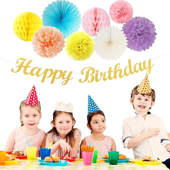 Pastel-Rainbow Colorful Birthday Party-Decorations Paper-Flowers - 14pcs Happy Banner Carnival Theme Lanterns Tissue Pom Poms,Macaron Streamers Garland Fans Honeycomb Hanging Supplies Decor Hugfond-Ruum Studio Home