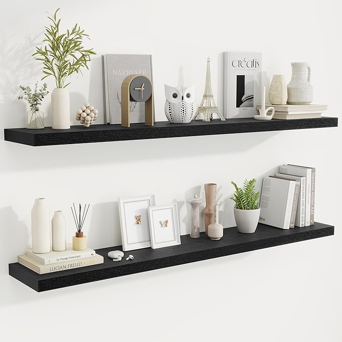 Fun Memories 55 Inch Fireplace Mantel Shelf -Long Floating Shelves, Deep Wall Mounted Farmhouse Display Shelves with Invisible Heavy Duty Metal Bracket, Black, 2 Pack-Ruum Studio Home