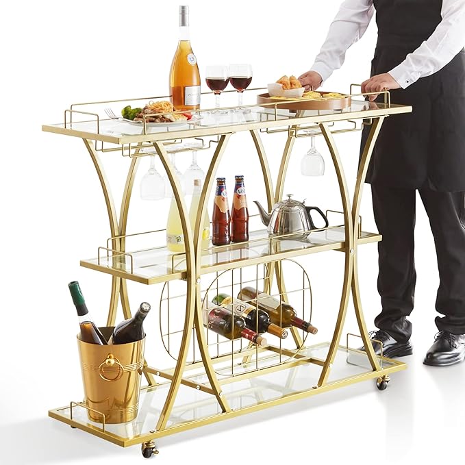VEVOR Bar Cart Gold, 3 Tiers Home Bar Serving Cart on Lockable Wheels, Rolling Alcohol Cart with Tempered Glass Shelves Guardrail Wine Rack, Modern Wine Cart for Home Kitchen Dining and Living Room-Ruum Studio Home