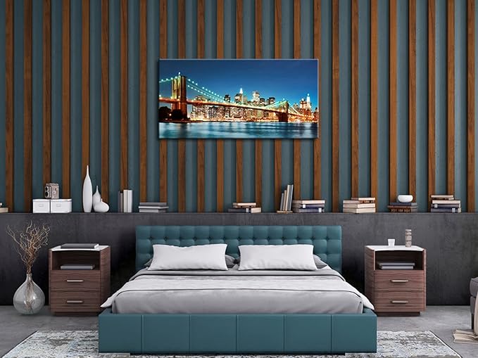 Pyradecor Large Modern New York Cityscape Canvas Wall Art Brooklyn Bridge Night View Canvas Prints Stretched Landscape Pictures Paintings Artwork for Living Room Home Decorations L-Ruum Studio Home