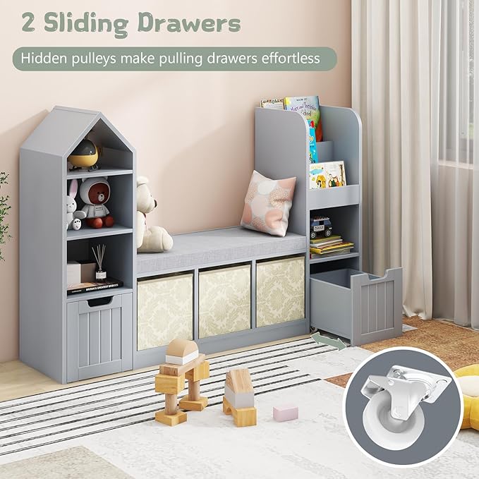 Vabches Toy Storage Organizer for Kids Bookshelf with Reading Nook, Multifunctional Bookcase with 7 Storage Cubbies, 2 Movable Drawers and Seat Cushion for Keeping Kids' Toys Books Organized, Grey-Ruum Studio Home