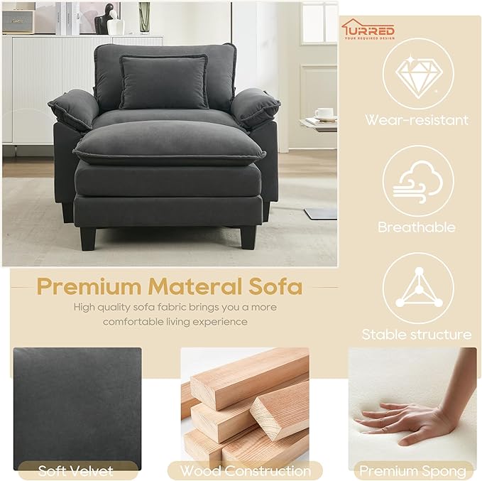 URRED Modular Sectional Sofa Comfy Cloud Couch, Modern Chenille Sofa Sleeper Deep Seat Couches with Ottoman/Pillows for Living Room (Dark Gray, 53''- Ottoman)-Ruum Studio Home