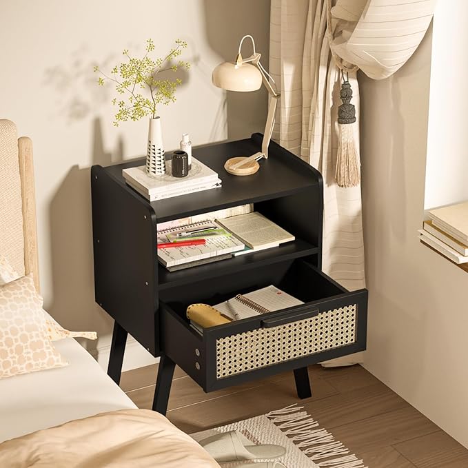 Lerliuo Rattan Nightstand, Bedside Table with Drawer Open Shelf, Cane Accent Side End Table with Solid Wood Legs, Black Mid Century Night Stand for Bedroom, Dorm and Small Spaces-Ruum Studio Home