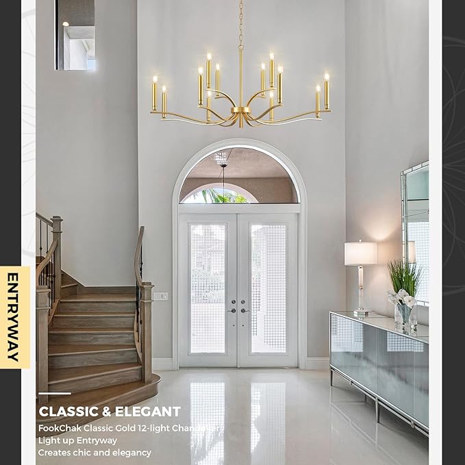 12 Light Gold Living Room Chandelier High Ceiling Foyer Candle Chandelier Large Modern Brass 44in Metal Chandeliers Hanging Light for Master Bedroom Dining Room Light Fixture Over Table-Ruum Studio Home