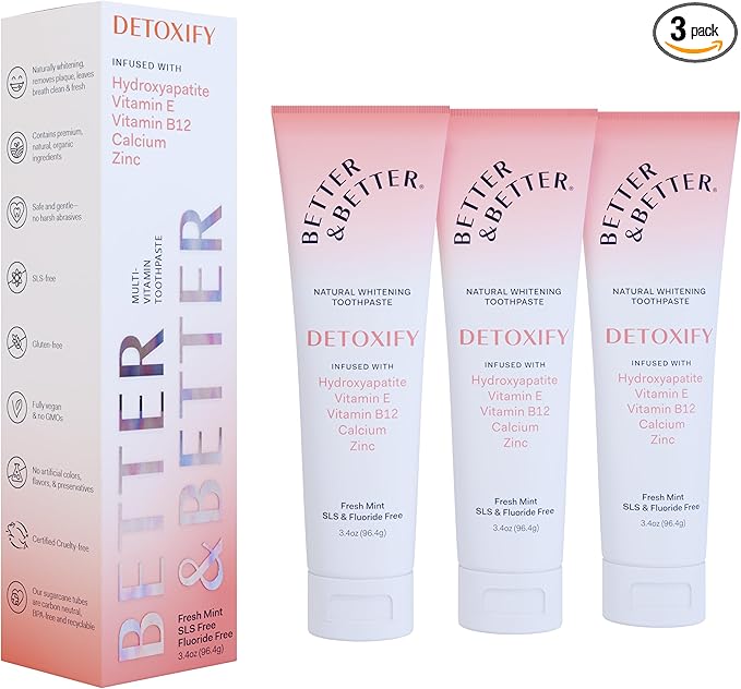 Better & Better Detoxify Hydroxyapatite Toothpaste | Whitening Toothpaste Infused w/Vitamins E & B12, Calcium & Zinc | Fluoride & SLS Free for Sensitive Brushers | Fresh Mint Flavor | 3.4oz, 3 Pack-Ruum Studio Home