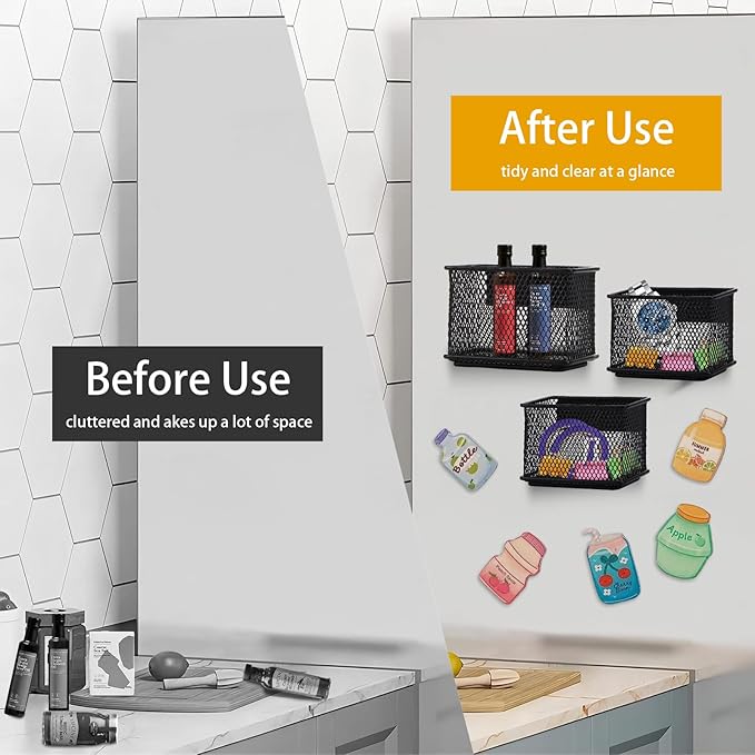 Black Magnetic Basket, Magnetic Organizer Holder Refrigerator Basket, Magnetic Baskets Heavy Duty, Magnetic Holder for Refrigerator Locker Whiteboard Office,Medium x1&Small x2 Set of 3-Ruum Studio Home