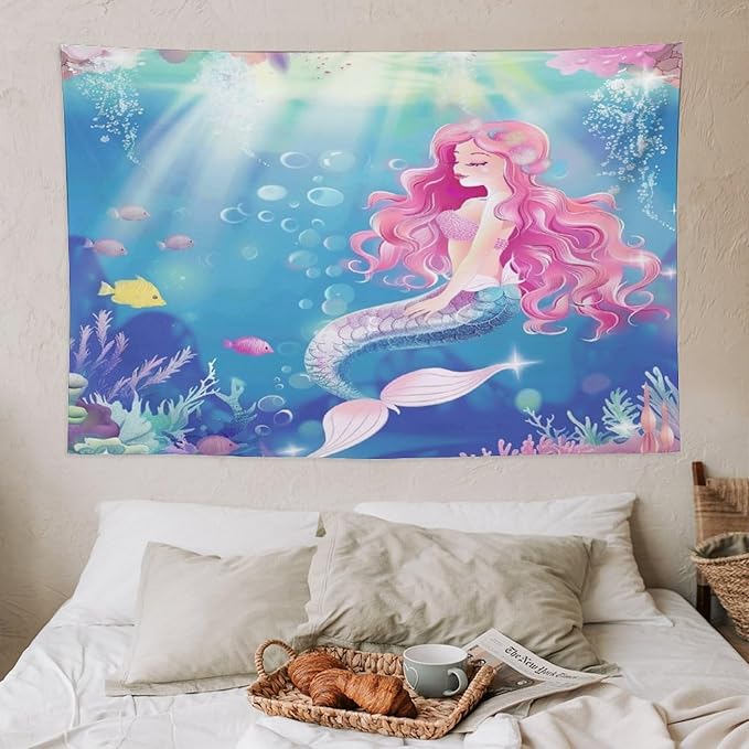HZOHNAGO Mermaid Girls Tapestry Watercolor Mermaid Princess Pink Hair Pattern for Kids Room Decoration Printed Wall Tapestry Wall Hanging for Bedroom Living Room Dorm 60" W x 40" H-Ruum Studio Home