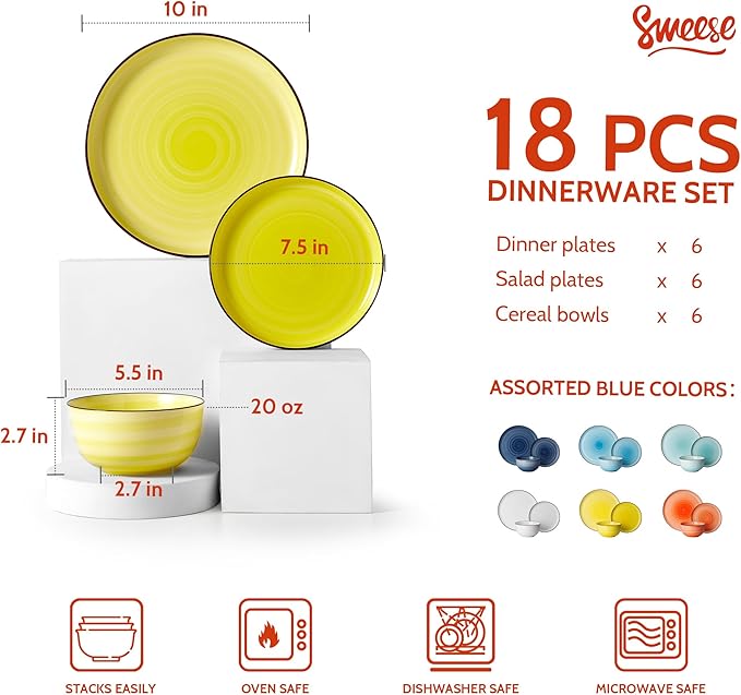 Sweese Plates and Bowls Sets, 18 Piece Dinnerware Set Porcelain Round Dinner Set for 6, Scratch Resistant Dishes Set, Dishwasher Oven Microwave Safe Handpainted Swirl Dishware Sets, Assorted Colors-Ruum Studio Home