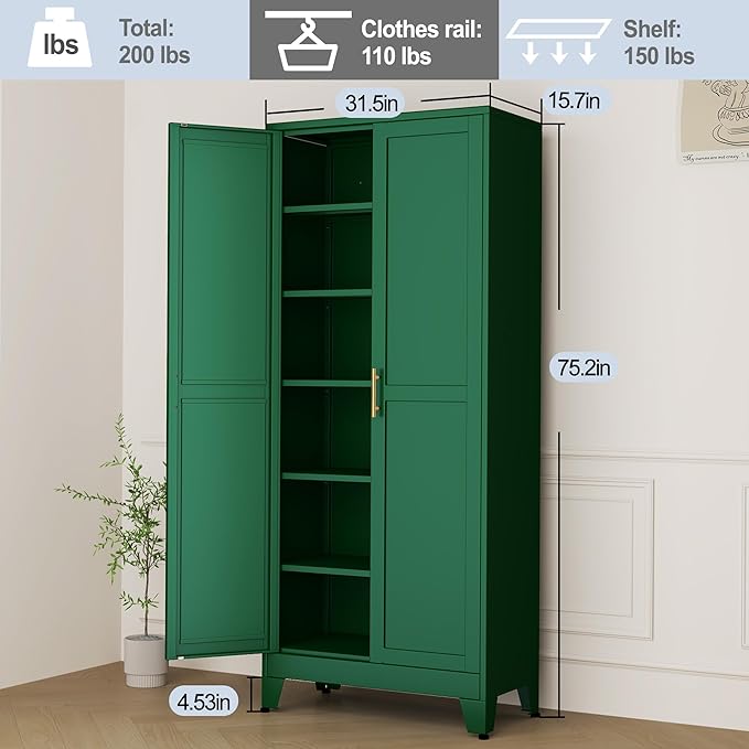 Green Metal Storage Cabinet,75" Steel Cabinets for Home Office, Kitchen Pantry Storage Cabinet with Doors and 5 Adjustable Shelves, Tool Cabinets, for Office, Home, Garage, School-Ruum Studio Home
