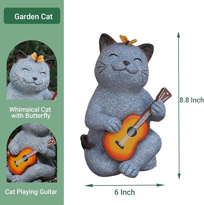 Cat Garden Statue Outdoor Decor, Cat Sculpture with Guitar and Butterfly for Yard Lawn Patio Balcony, Birthday Housewarming Gifts for Mom, Grandma, Women, 8.8 inch, Resin-Ruum Studio Home