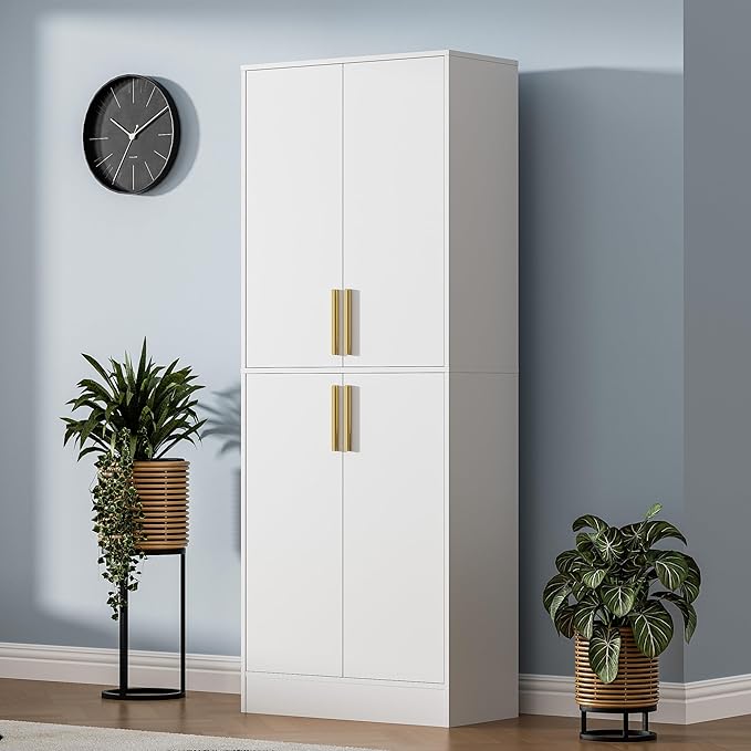 71" Tall Pantry Cabinet with 4 Doors, Kitchen Pantry Storage Cabinet, Freestanding Larder Cupboard, Kitchen Hutch with Gold Handles for Dining Room, Bathroom, White-Ruum Studio Home