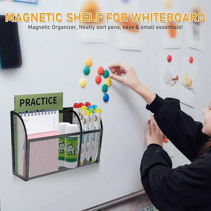 Magnetic Pencil Holder-Magnetic Basket for Fridge 3-Grid Mesh Magnetic Pen Holder for Refrigerator, Extra Strong Magnets Mesh Marker Holder Locker Accessories Organizer for Whiteboard-Ruum Studio Home