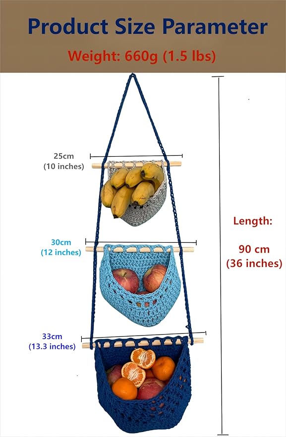 Hanging Fruit Basket, 3 Tier Cotton Macrame Produce Basket for Kitchen, Indoor Planter Hangers.-Ruum Studio Home