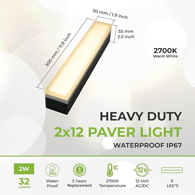 LUMENGY Paver Light 2×12 Inch (1.97 inch X 11.81 inch), 2700K Warm White Glare-Free Illumination for Driveways, Pathways, Pool Deck & Patios,12V AC/DC, Waterproof & Drive-Over Rated-Ruum Studio Home