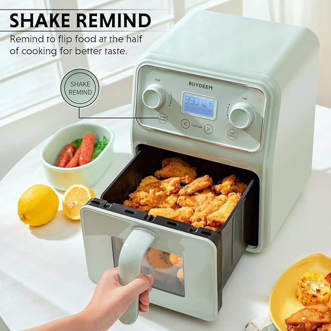 BUYDEEM F51 8-in-1 Air Fryer 4.2QT, Retro Countertop Airfryer Oven with Visible Window, Shake Reminder, One-touch Control with LCD Display, Cozy Greenish-Ruum Studio Home