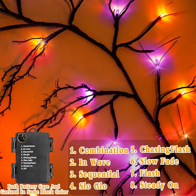 [8 Modes & Timer] Halloween Decorations Willow Vine Twig Garland, 6 FT 54LED Willow Vine Twig Lights Orange Purple LED Lights for Indoor Wall Fireplace Halloween Decorations-Ruum Studio Home