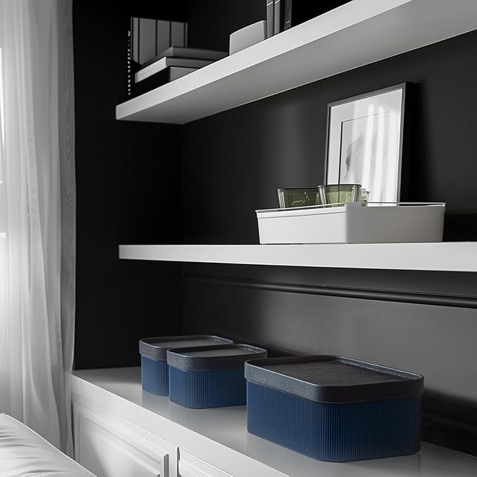 La Jolie Maison Fluted Cardboard Storage Baskets with Vegan Leather Lids, Sturdy Stackable Paper Boxes Decorative Tray, Basket Organizer Bins for Bathroom Bedroom Organizing, Navy Blue, Set of 3-Ruum Studio Home