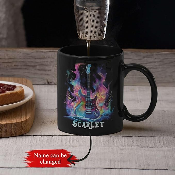 Personalized Electric Guitar Mug 11oz 15oz, Custom Choose Name Coffee Cup, Customized Rock Music Themed Black Mug, Gift For Musicians, Electric Guitar Ceramic Cup With Cosmic Design-Ruum Studio Home