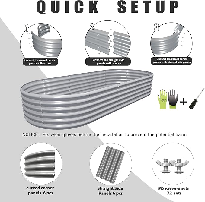 1 Pack 8x3x1.5FT Galvanized Raised Garden Bed Kit Oval Metal Ground Planter Box Outdoor Bottomless Planter Raised Beds for Vegetables Flowers Herbs Fruits, Gray-Ruum Studio Home