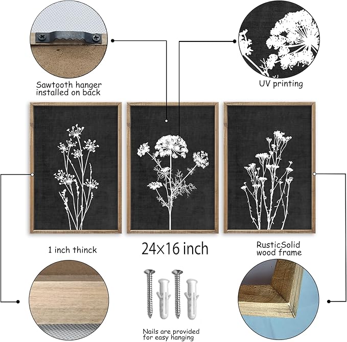 Flower Plant Wall Art Decor 24"x16" Set of 3 Black And White Botanical Painting Wood Framed For Minimalist Bedroom Office Rustic Living Room Abstract Wildflower Sign Hanging (Wood Black)-Ruum Studio Home