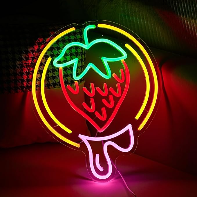Strawberry Neon Sign USB Powered Sweet Fruit Led Light Up Sign Dimmable Funny Neon Light Wall Decoration for Home Kitchen Fruit Market Dessert Shop Farmhouse Restaurants-Ruum Studio Home
