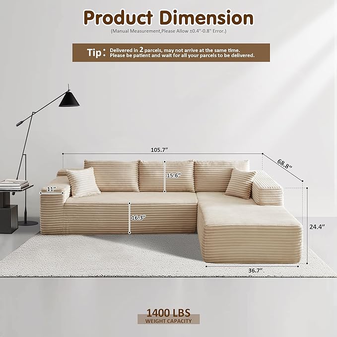 ovios 104" Cloud Sectional Couch with L-Shape Chaise,Modern Modular Sofa with Deep Seat, Upholstered Couches for Living Room Bedroom,No Assembly Required, Beige (Plush Corduroy Fabric)-Ruum Studio Home