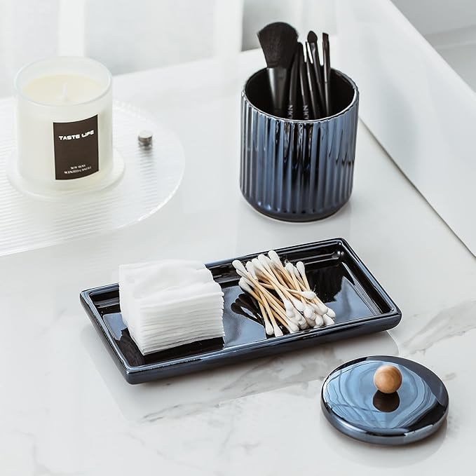 Qtip Holder Bathroom Set with Tray(3PCS) - 2 Piece 12 oz Blue Apothecary Jar Canister with Lid and 1 Pack Ceramic Vanity Tray-Ruum Studio Home
