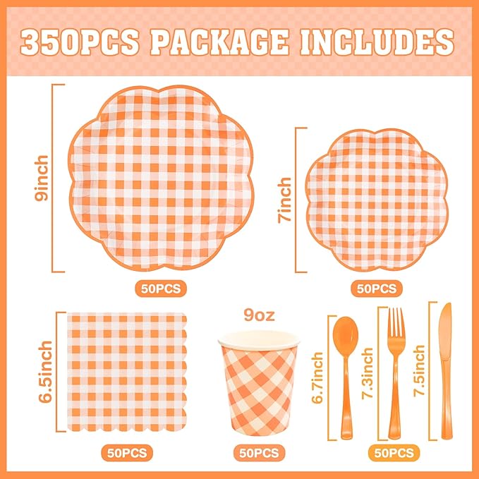 350 Pcs Orange and White Gingham Party Supplies - Orange Gingham Paper Plates and Napkins Sets Serve 50 - Scalloped Checkered Plates for Birthday Picnic Fall Halloween Thanksgivng Party Decorations-Ruum Studio Home