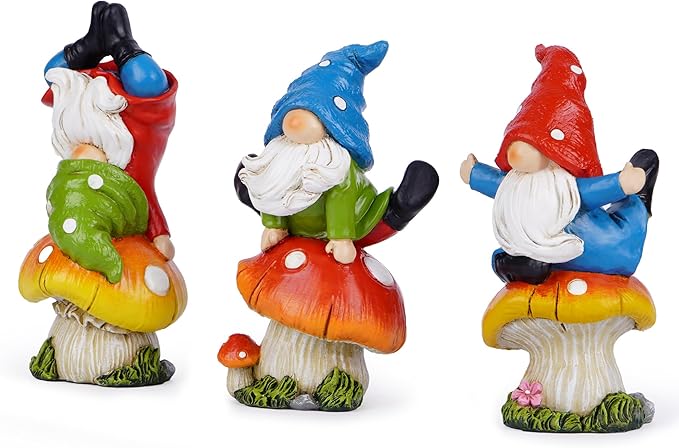 Hodao 3 PCS Spring Yoga Mushroom Gnomes Decoration Summer Elf Figurines Gifts for Home Spring Lively Garden Statues Decor for Outdoor, Mom, Mother (Multicolor)-Ruum Studio Home
