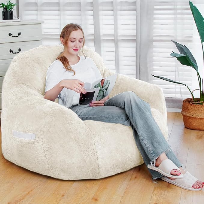 Giant Bean Bag Chair, Oversized Bean Bag Chairs for Adults and Kids, Gaming Chair Stuffed Memory Foam | Storage | Non-Slip, Removable Bean Bag Sofa Comfy Chair for Bedroom, Livingroom (Beige)-Ruum Studio Home