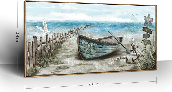 Large Framed Wall Art for Living Room Coastal Canvas Picture Seagull Vintage Boat Artwork Ocean Sea Bird Canvas Print Nautical Rowboat Blue Teal Rustic Beach Themed Farmhouse Bedroom Office Decor-Ruum Studio Home