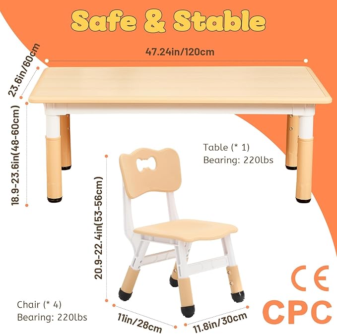 FUNLIO Kids Table and 4 Chairs Set for Ages 3-8, Height Adjustable Toddler Table and Chair Set, Easy to Wipe Arts & Crafts Table, for Classrooms/Daycares/Homes, CPC & CE Approved (5 pcs Set) - Natural-Ruum Studio Home