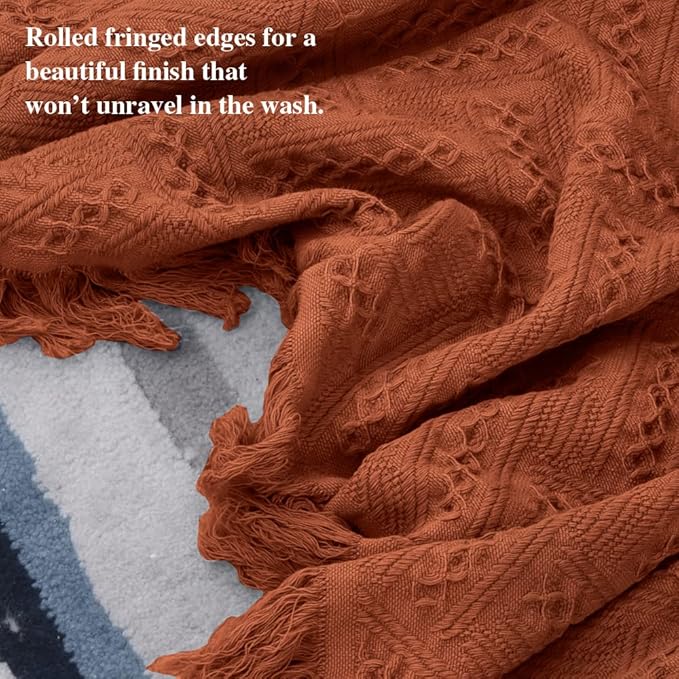 Simple&Opulence 100% Cotton Throw Blanket for Bed, Couch, Boho Luxury Geometric Woven Blanket with Tassels Soft Lightweight Cozy Breathable, Vintage Farmhouse Decoration for All-Season(Rust Orange)-Ruum Studio Home