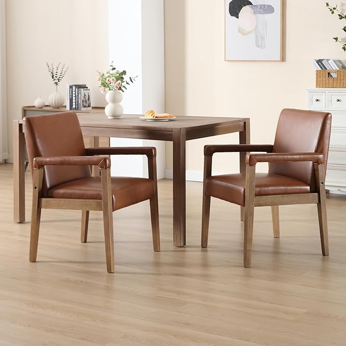 Mid Century Modern Dining Chairs Set of 4 Faux Leather Upholstered Living Room Side Chair, Kitchen Arm Chair with Solid Wood Legs for Home Kitchen & Restaurant, PU Brown-Ruum Studio Home
