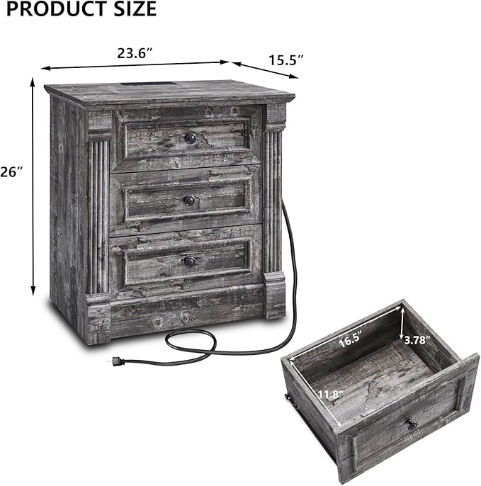 26" Tall Farmhouse Nightstand, 3 Drawers End Table w/Charging Station, 23.6" Wide Large Side Table w/Roman Column, Wood Rustic Sofa Table for Bedroom, Light Gray-Ruum Studio Home
