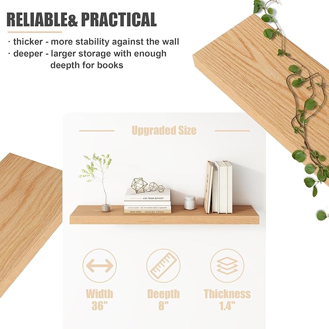 Floating Shelves for Wall, USA-Sourced Oak Wood 36 Inch Long Wall Shelves Set of 2, Natural Wooden Wall Mounted Picture Ledge Shelf, Nursery Book Storage Shelf Kids Bookshelf, Display Shelf-Ruum Studio Home