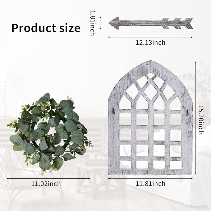Rustic Wood Window Frame with Green Wreath and Arrows Wall Decor，Farmhouse Window Frame Hanging Decor, Wooden Fake Decoration,Window Pane Wall Decor,Set of 2 (windows white)-Ruum Studio Home