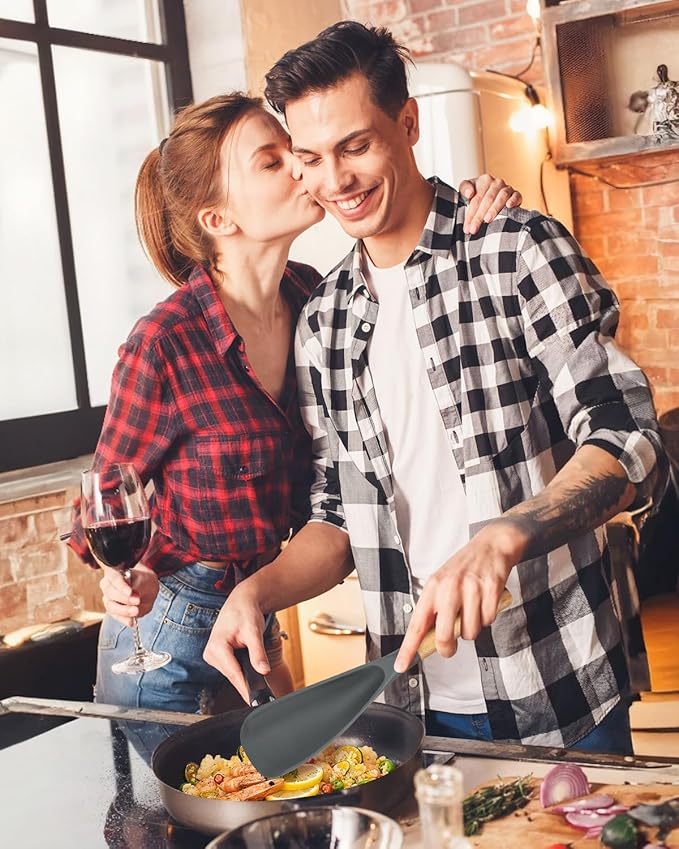 Cooking Spoon and Scraper for Nonstick Cookwares, Great for Cooking and Serving Durable BPA-Free Matte Silicone, Wood Handle Multifunction Spoon for Mixing, Scoop, and Scrape (GREY)-Ruum Studio Home