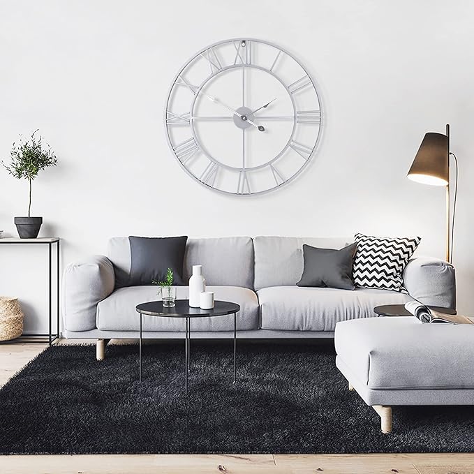 LEIKE 32" Large Modern Wall Clocks,Vintage,Round,Nearly Silent,Little Ticking,Battery Operated,Silver Metal Roman Numerals Clock for Living Room/Bedroom/Kitchen Wall Decor-Ruum Studio Home