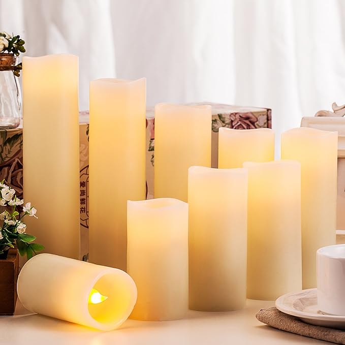 Flameless Candles Battery Operated Candles 4" 5" 6" 7" 8" 9" Set of 9 Ivory Real Wax Pillar LED Candles with 10-Key Remote and Cycling 24 Hours Timer-Ruum Studio Home