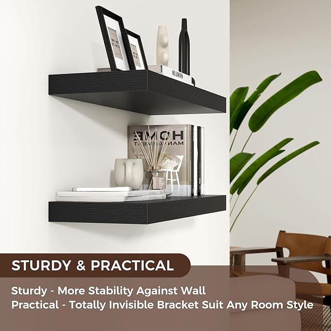 Floating Shelves - 2 Large Wall Mounted Shelves with Invisible Brackets, Long Wood Floating Wall Shelf for Living Room, Bedroom, Kitchen (Black, 24" W x 9" D x 1.5" H)-Ruum Studio Home