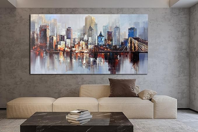 Arjun Brooklyn Bridge Wall Art Modern New York City Abstract Canvas Cityscape Painting, NYC Skyline Textured Picture for Living Room Bedroom Home Office Wall Decor Extra Large Size Framed 58"x29"-Ruum Studio Home