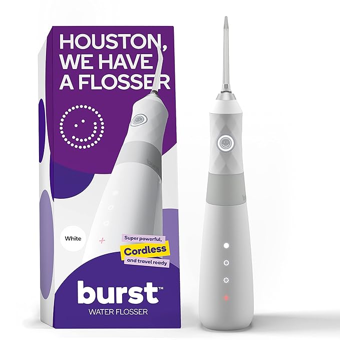 BURST Electric Water Flosser for Teeth Cleaning (3 Modes/White) | Cordless | Plaque Removal Between Braces & Dental Work | Portable Floss | Refillable 110mL Tank-Ruum Studio Home