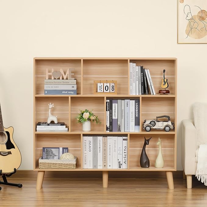 LEYAOYAO 10 Cube Bookshelf,3 Tier Modern Wide Bookcase with Legs,Mid-Century Wood Bookshelves Storage,Natural Large Book Case,Freestanding Organizer Display Shelf for Bedroom,Living Room,Office-Ruum Studio Home