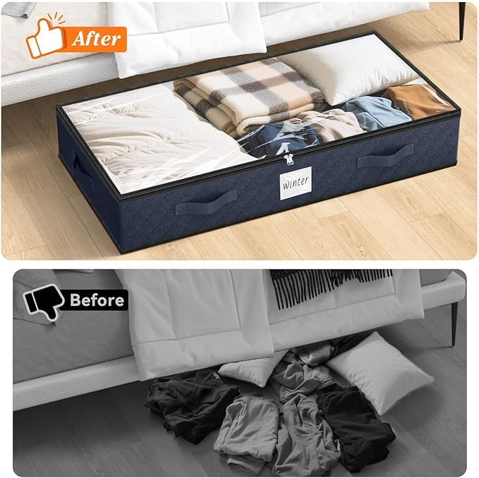 SpaceWhisper 90L Under Bed Storage Containers, 8-Pack Storage Bins with Clear Top, Foldable Closet Organizers and Storage with Label Holder for Clothing, Blankets, Comforter & Pillows(Blue)-Ruum Studio Home