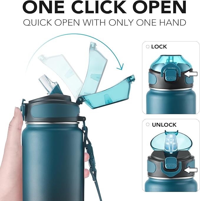 Enerbone 32 oz Insulated Water Bottle, Stainless Steel Bottle with Carrying Strap, Double-Wall Vacuum Insulation Design, Leakproof Sports Bottle with Straw, Keep Drinks Cold or Hot for Hours-Ruum Studio Home
