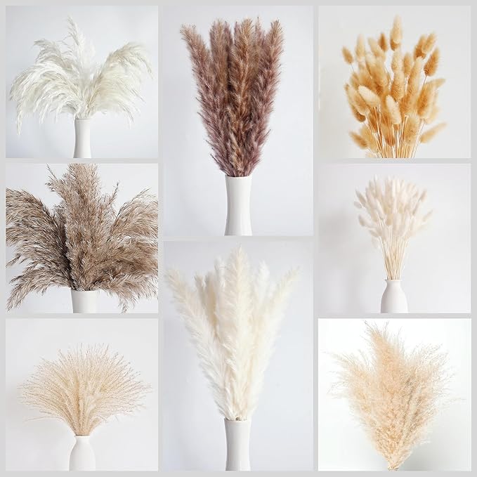 130 PCS Dried Pampas Grass Bouquet, Boho Table Decor, Bunny Tails Dried Flowers, Brown Pampas, Fluffy Pompas, White Pampas Grass for Weddings, Home Decor, Rustic Parties, and Baby Shower Decorations-Ruum Studio Home